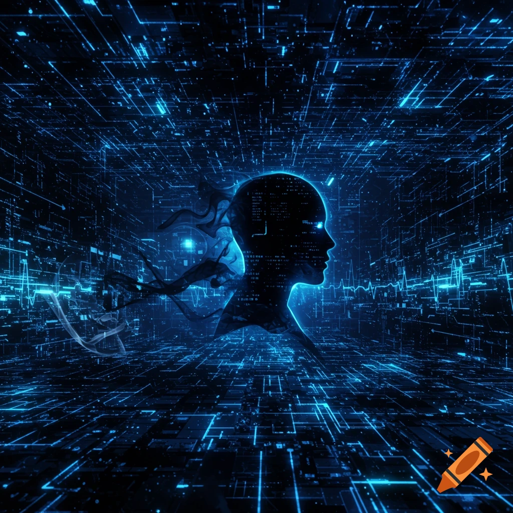 A glowing blue silhouette of a human head in profile, surrounded by a complex network of bright blue digital lines and data patterns, symbolizing AI.