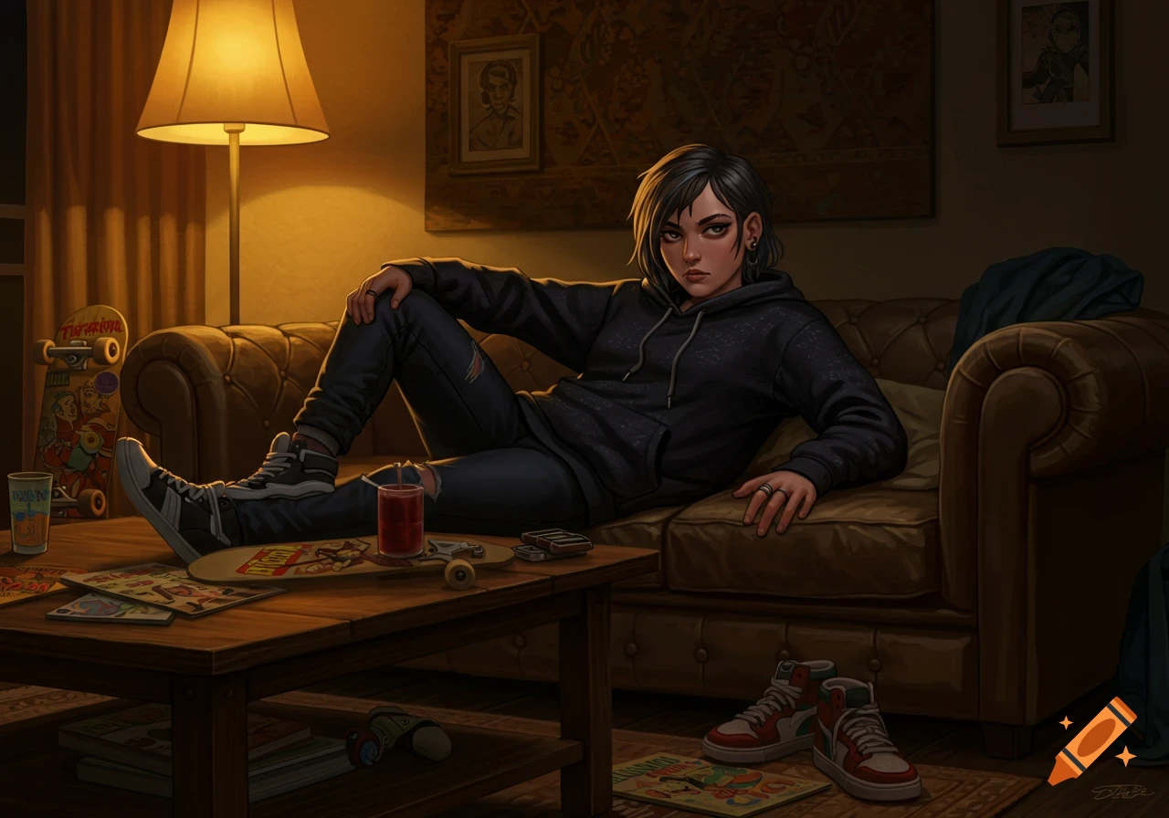 A dark, stylized digital art piece of a young tomboy with dark hair, wearing a black hoodie and ripped jeans, lounging on a brown leather couch in a dimly lit living room with skateboards and comic books on the coffee table.