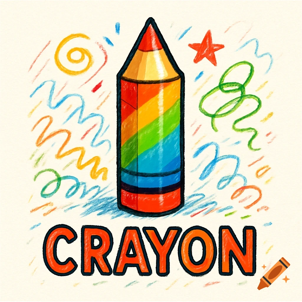 An illustration of a rainbow-striped crayon with colorful crayon doodles, and the word 'CRAYON' in orange letters below.