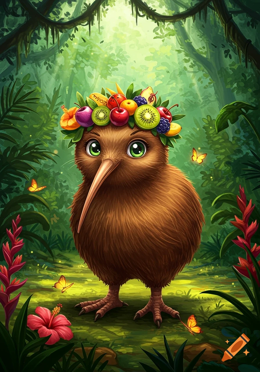 A cute, brown, cartoon kiwi bird with large green eyes wears a colorful fruit and leaf crown in a lush jungle setting with butterflies and flowers.