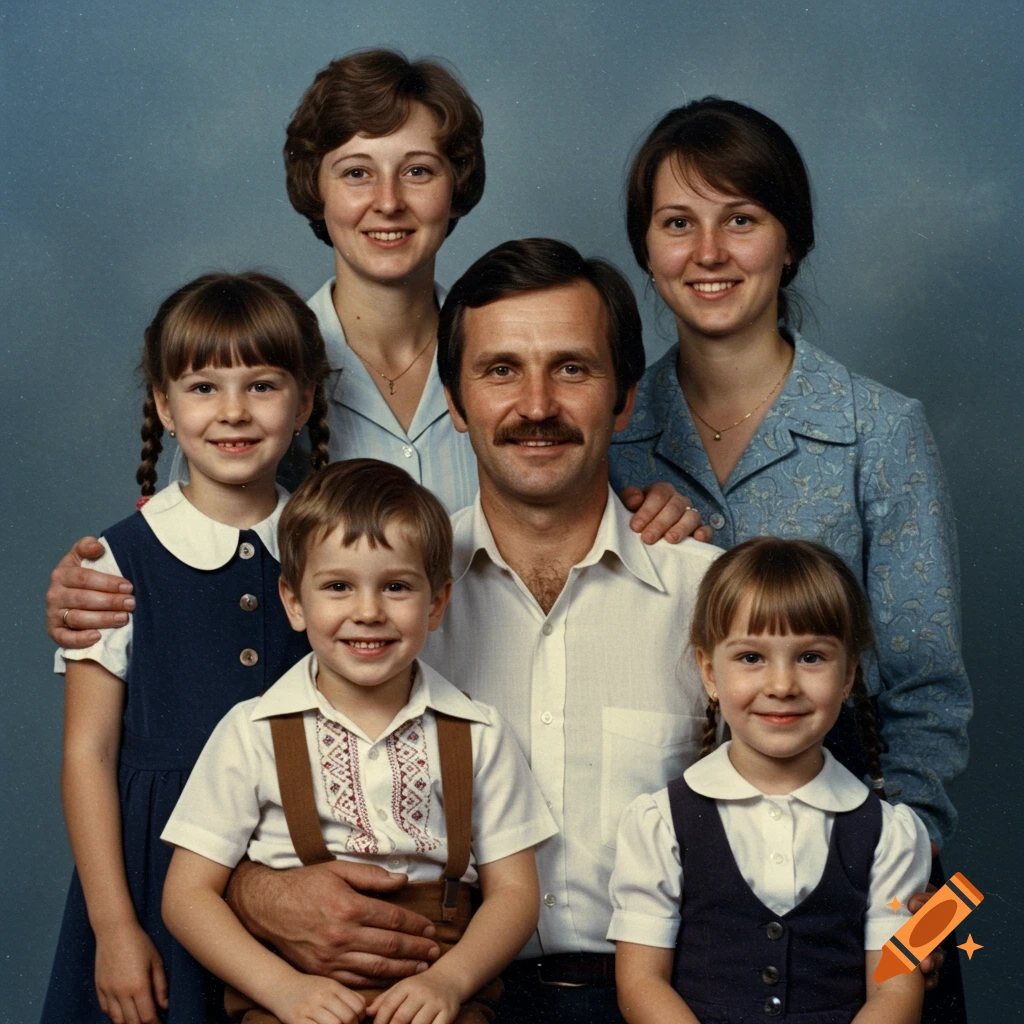 A vintage 1970s portrait of a smiling family of six, with two women, a man, and three children against a blue background.