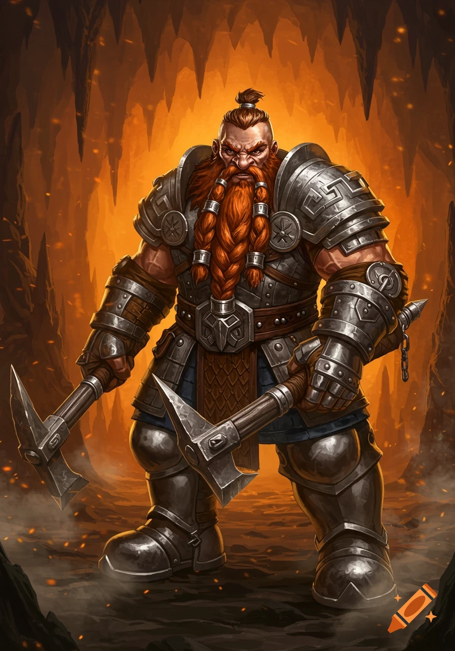 A muscular dwarf fighter with a braided red beard and armored, dual-wielding war picks in an orange-lit cavern.