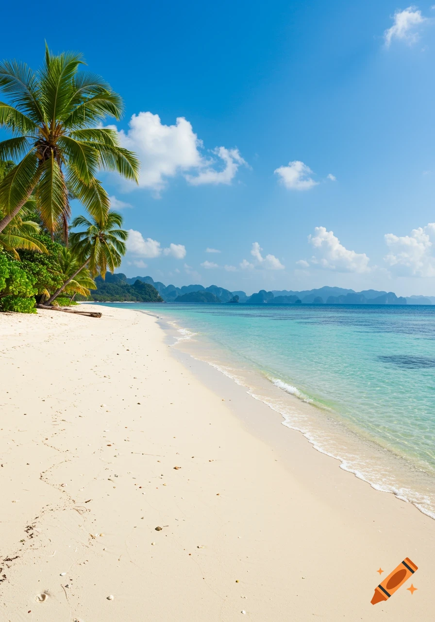 A serene tropical beach with white sand, palm trees, and clear turquoise water under a blue sky, with distant islands on the horizon.