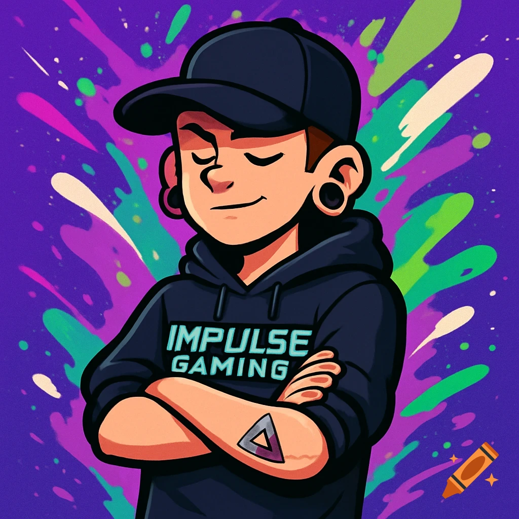 Digital cartoon of a boy in a black cap and Impulse Gaming hoodie with crossed arms, against a splattered purple background.