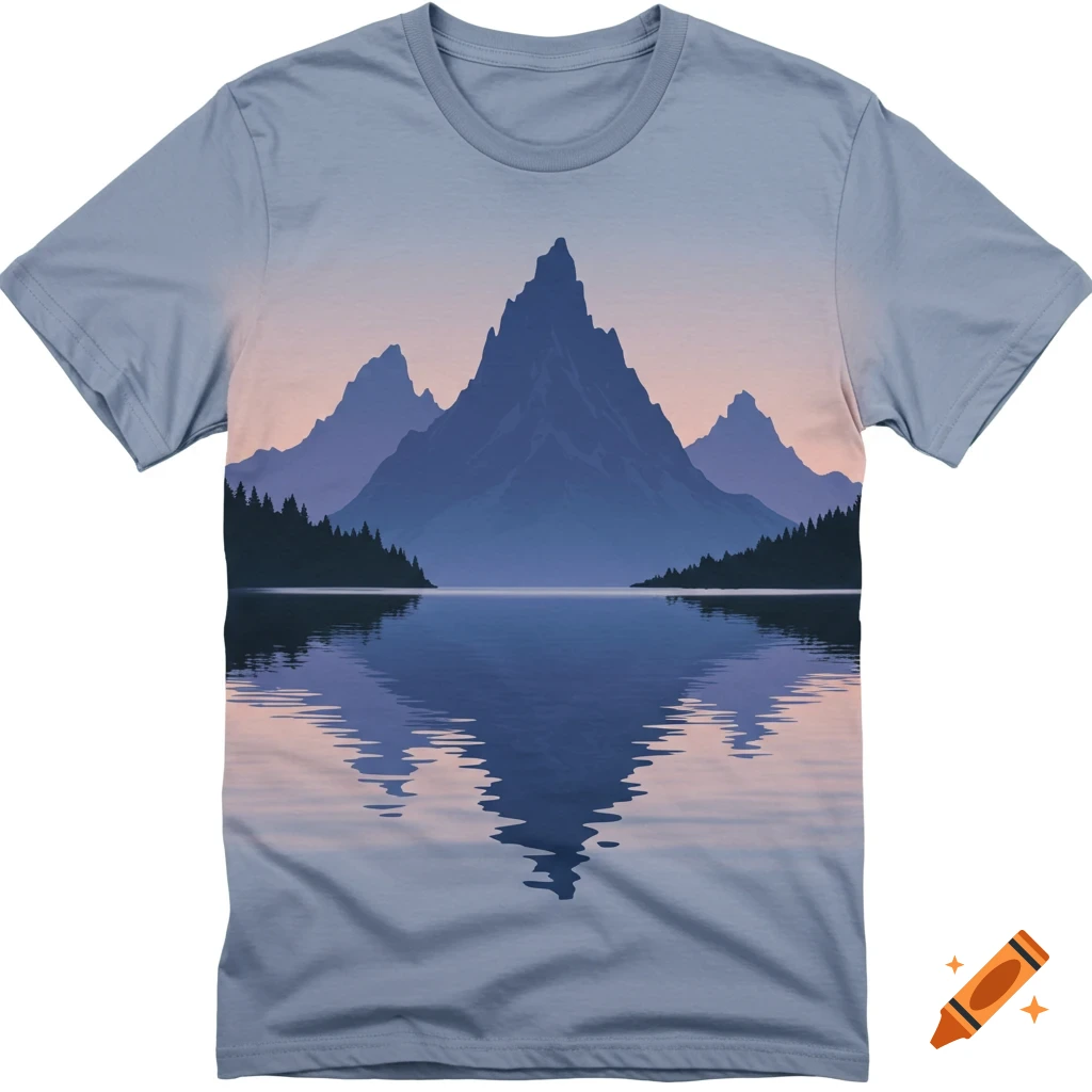 A light blue t-shirt with a graphic of blue mountains reflecting in a lake at twilight.