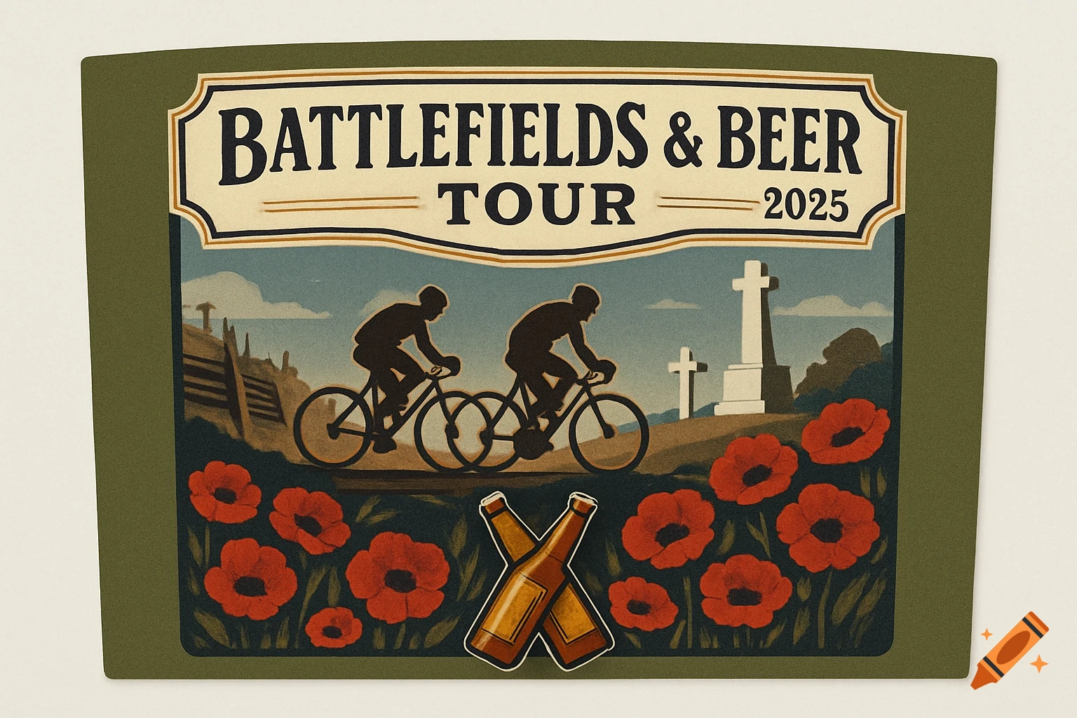 Vintage illustration of two cyclists riding past red poppies and crosses, with a 'Battlefields & Beer Tour 2025' label and crossed beer bottles.