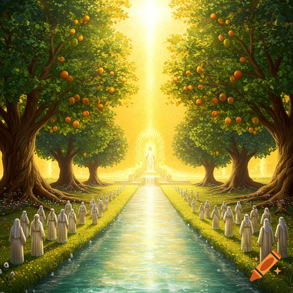 A vibrant, spiritual landscape with a glowing figure on a distant platform, approached by robed figures along a river bordered by large fruit trees under a bright sky.