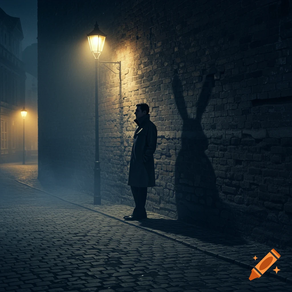 A man's shadow transforms into a rabbit on a foggy, gaslit street at night.