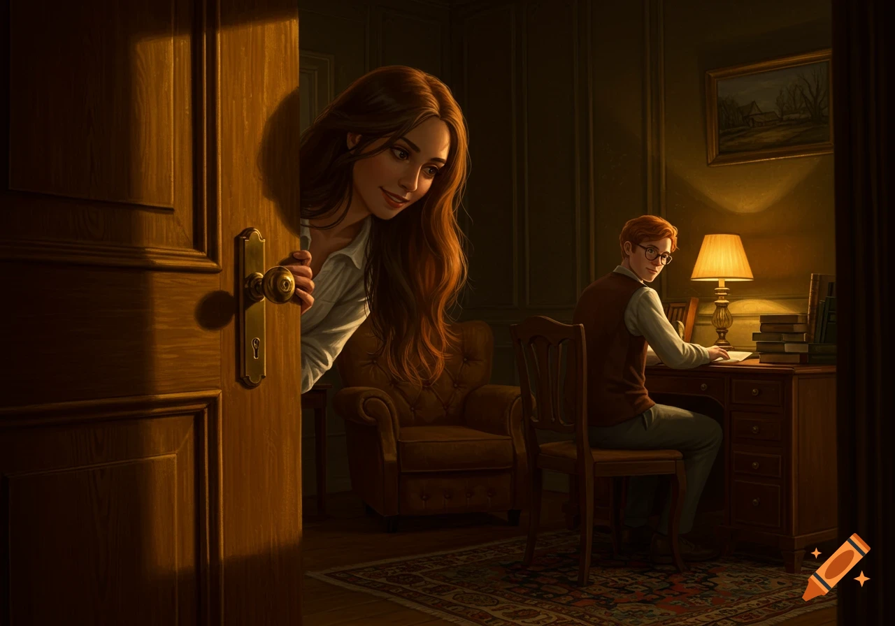 A woman with long hair peeks around a doorway at a man in glasses studying at a desk in a warmly lit room, digital art.