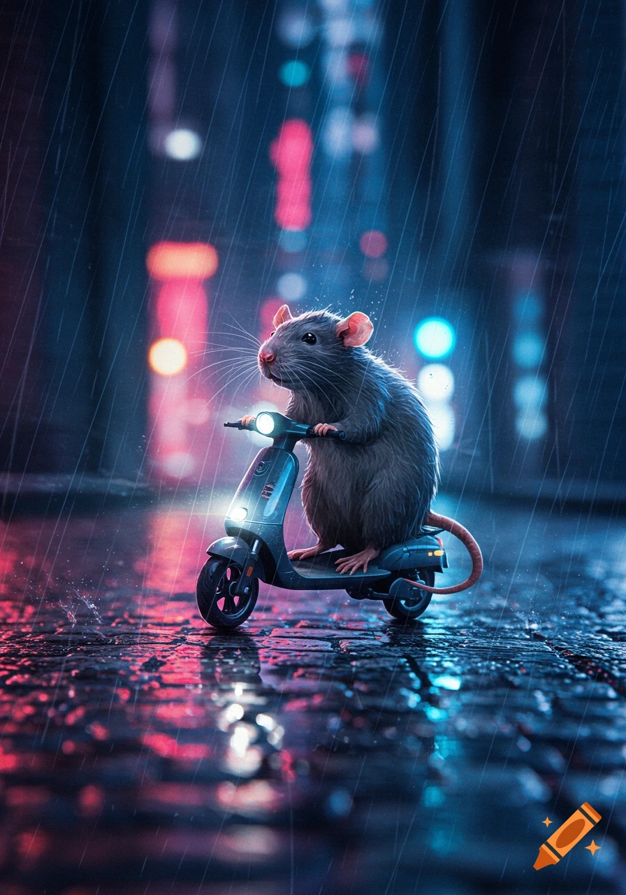 Photorealistic image of a rat riding a scooter on a wet city street at night with neon reflections and falling rain.