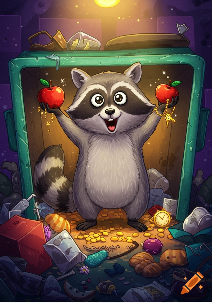 A happy cartoon raccoon stands in a dumpster overflowing with trash and gold coins, holding up a red apple and a gold key.
