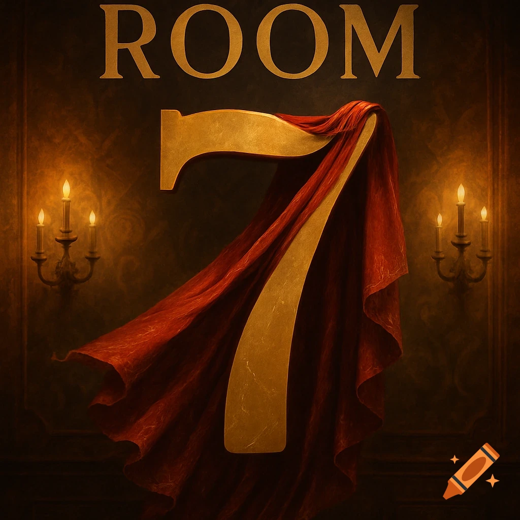A golden number 7 draped in a red cape, centered beneath the word 'ROOM', with two lit candelabras in a dark, atmospheric setting.