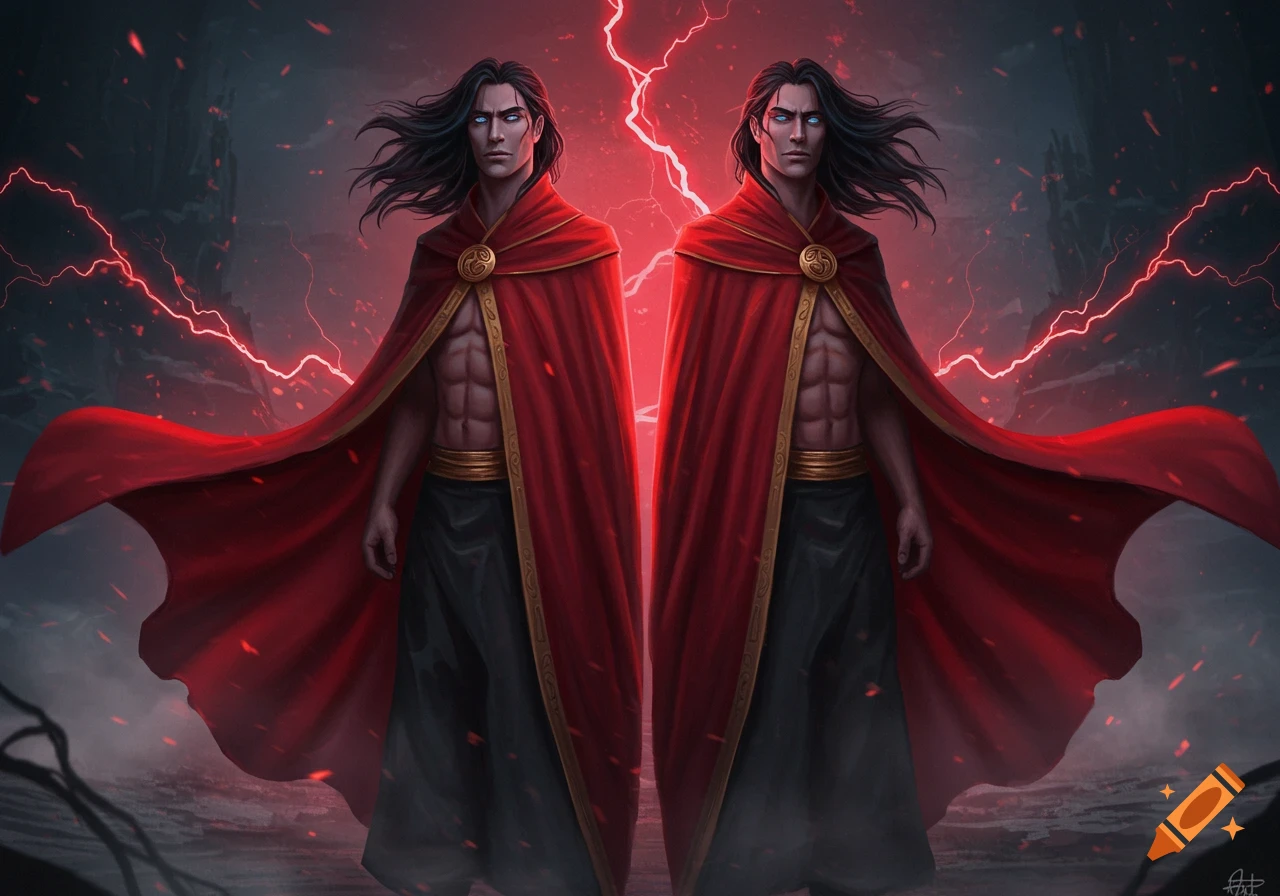 Two identical long-haired men in red capes stand in a stormy, dark fantasy landscape with red lightning.