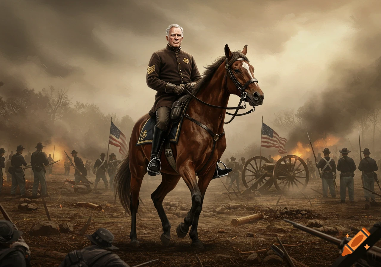 A general on horseback surveys a smoky Civil War battlefield with soldiers, cannons, and flags.