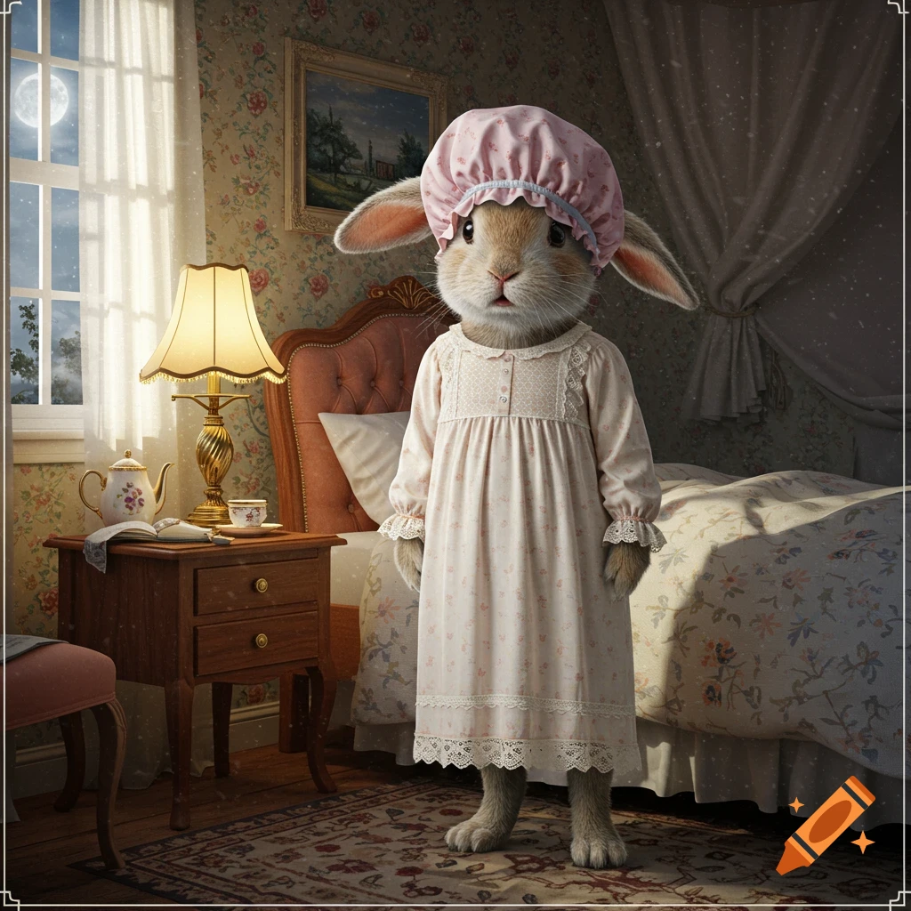 An anthropomorphic rabbit wearing a pink nightgown and a pink shower cap stands in a cozy bedroom with a full moon visible outside the window.