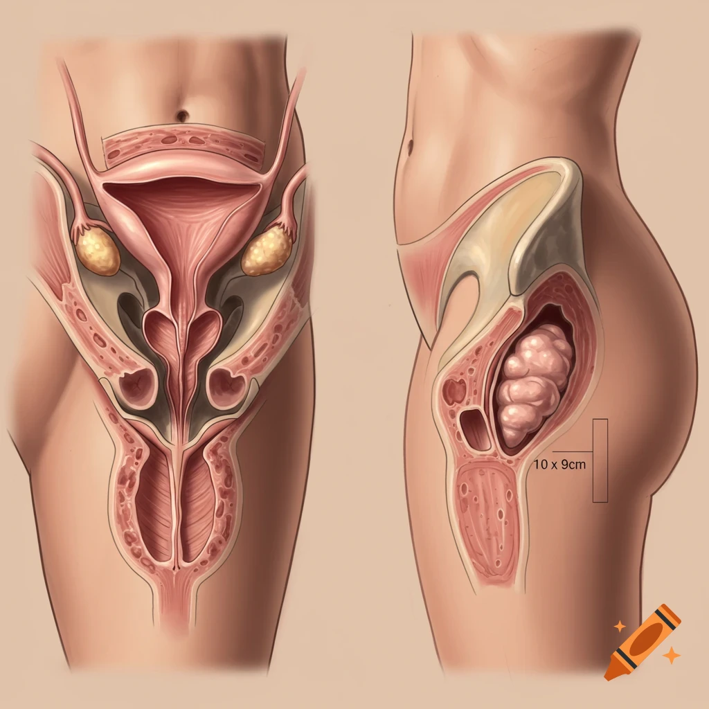 Medical illustration of female pelvic anatomy showing uterus, bladder, rectum, and a 10x9cm mass in frontal and sagittal views.