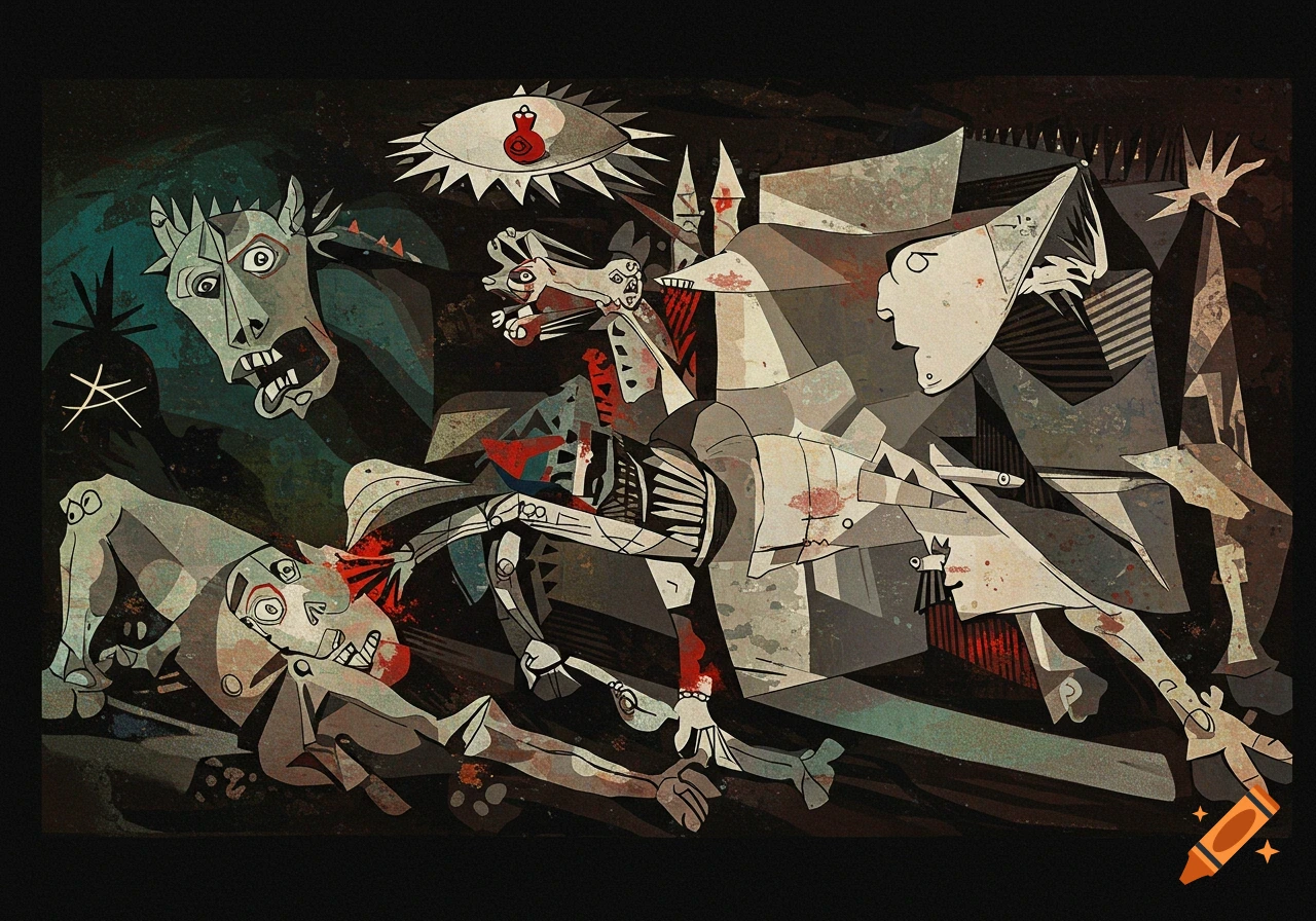 An abstract, cubist-style painting in distressed tones, depicting screaming figures, a bull, and a horse, reminiscent of Picasso's Guernica.