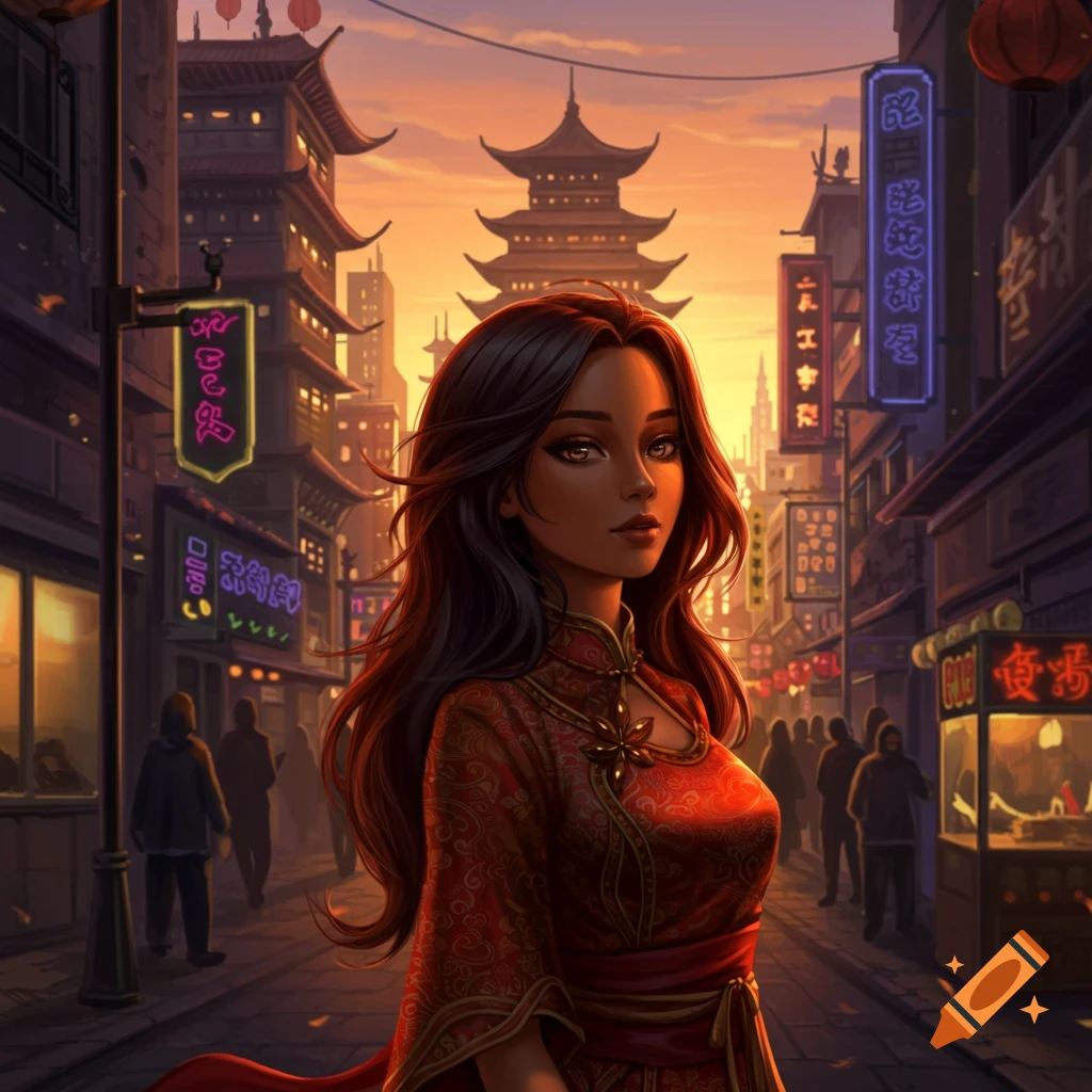 Digital art portrait of a woman in a red traditional dress on a bustling Asian street at sunset.