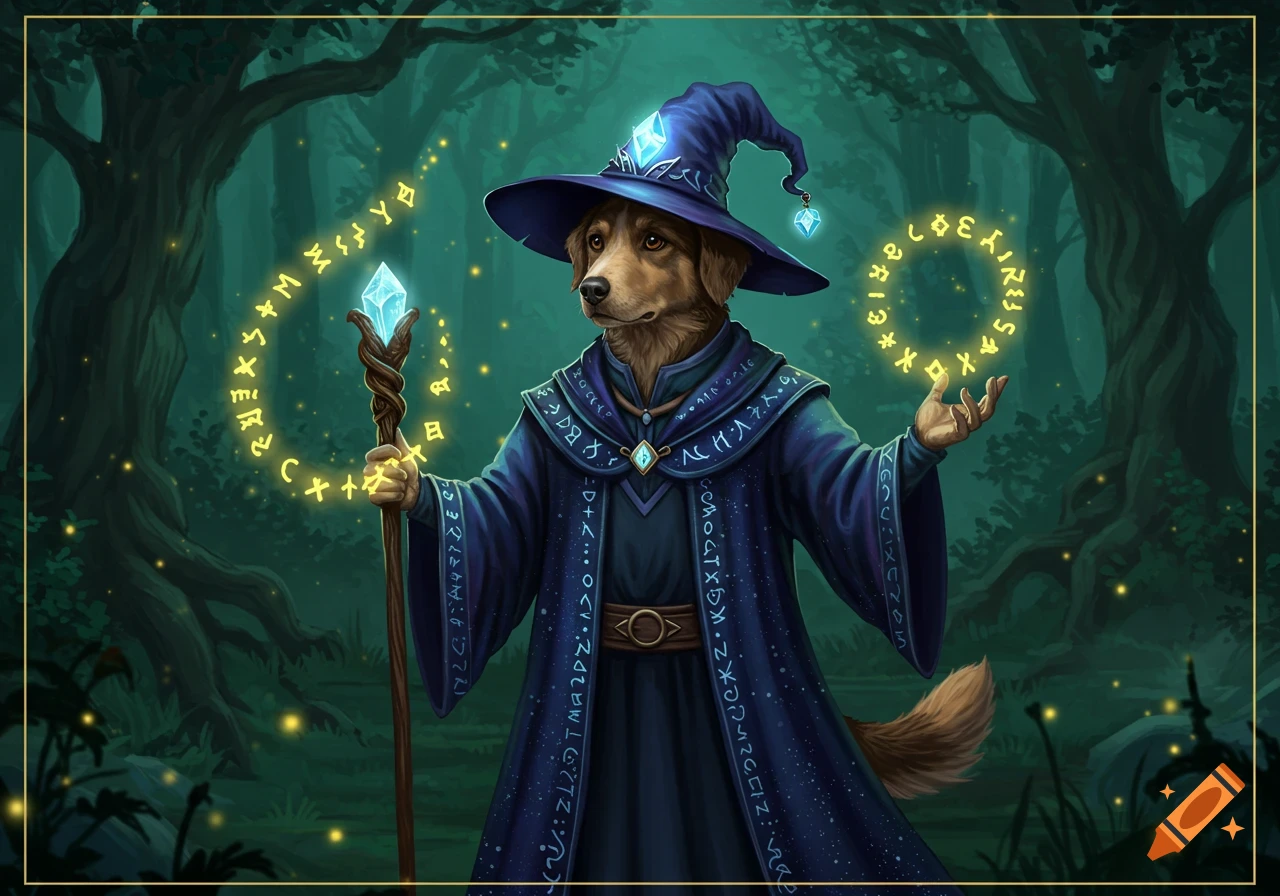 A brown dog wearing a blue wizard hat and robe, holding a glowing staff, conjures spells in a dark forest.