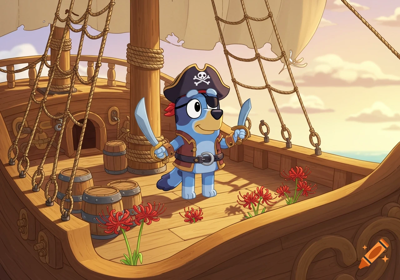 Stripe from Bluey dressed as a pirate with two cutlasses on a wooden ship deck at sunset. Red spider lilies are on the deck. Cartoon style.