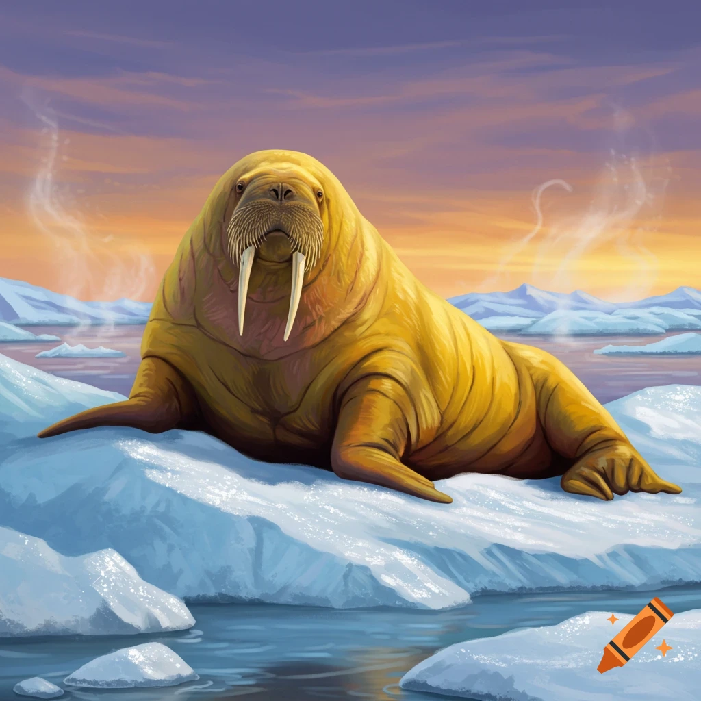 A large golden walrus with prominent tusks sits on a block of ice in an arctic sea at sunset, mountains in the distance.