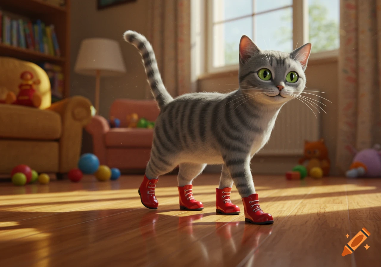 A cute cartoon gray tabby cat with green eyes walks on a wooden floor in a sunlit room, wearing red boots.