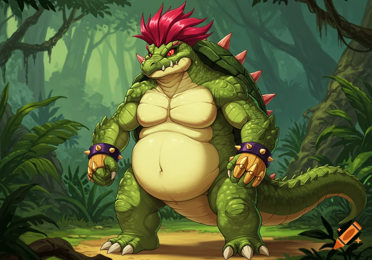 A large, muscular green dragon-turtle hybrid with a red mohawk and spiked shell stands in a lush jungle.