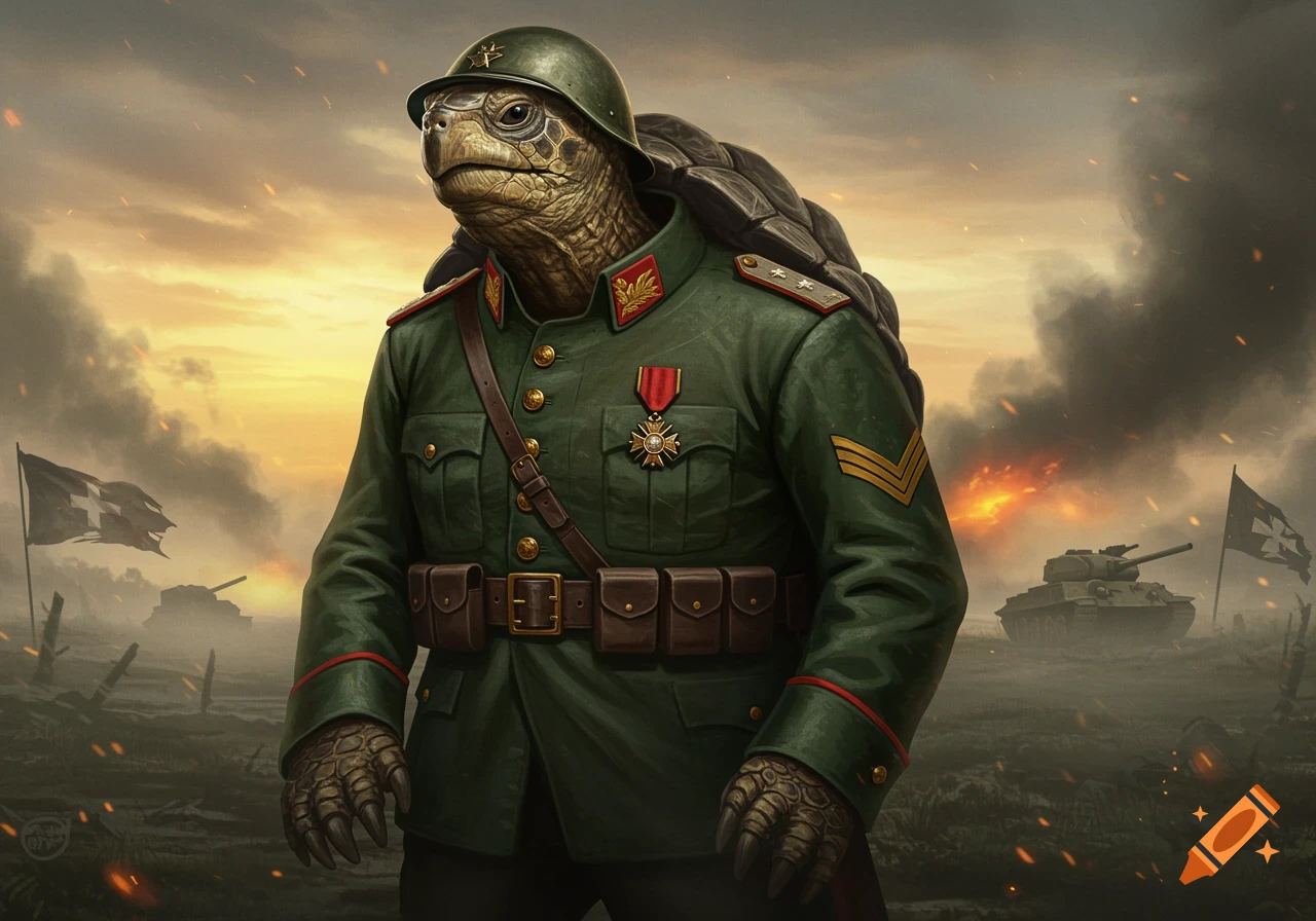 A detailed digital painting of an anthropomorphic turtle in a green military uniform and helmet, standing on a war-torn battlefield at sunset.