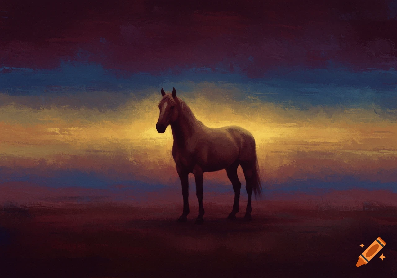A painting of a horse standing against a backdrop of broad, horizontal color fields in shades of purple, blue, and golden yellow.