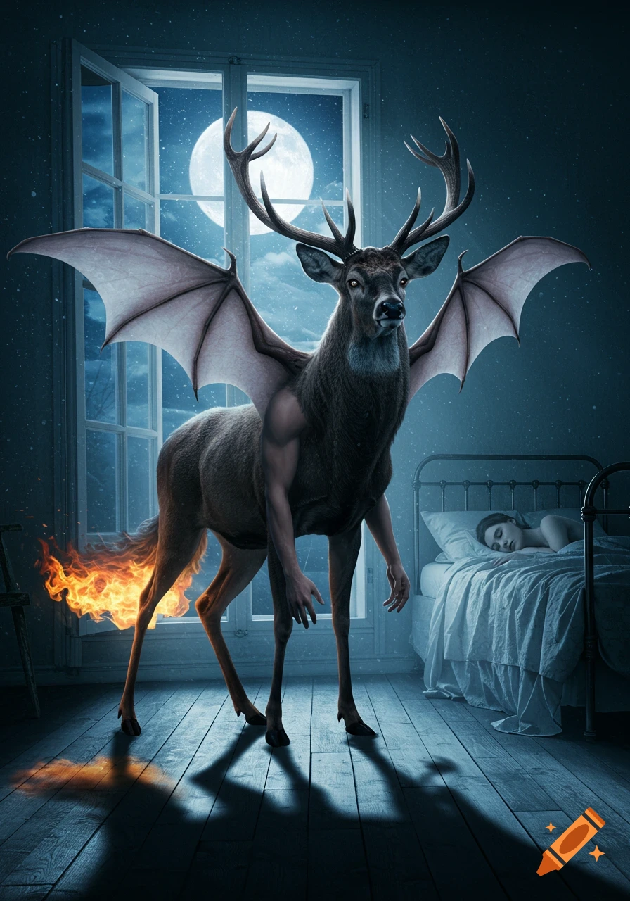 A surreal, photorealistic image of an antlered deer with bat wings, human arms, and a flaming tail standing in a moonlit bedroom, looking at a sleeping woman in a bed.