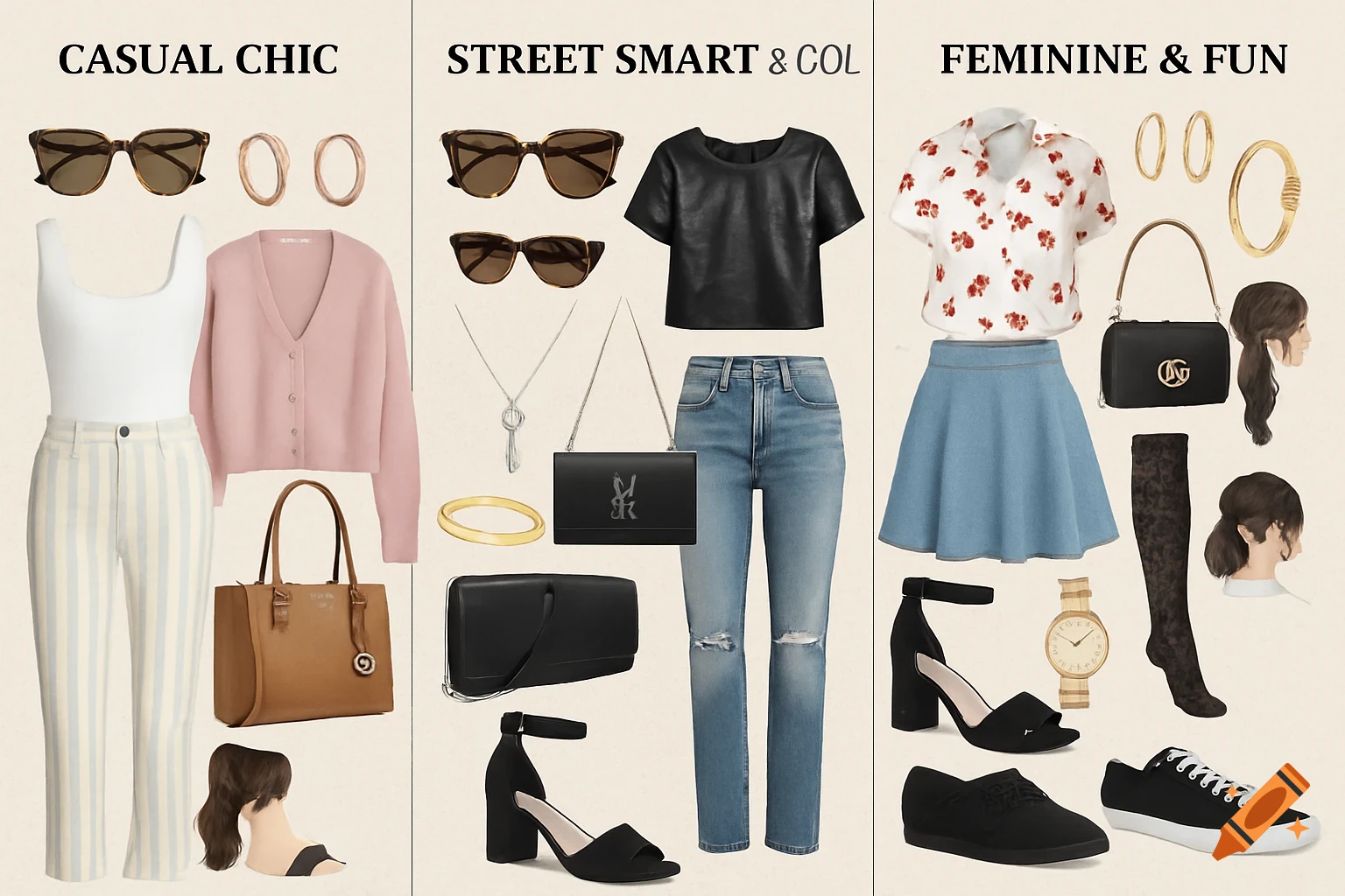 A digital mood board showcasing three women's outfits: 'Casual Chic' with striped pants, pink cardigan; 'Street Smart & Cool' with ripped jeans, black leather top; and 'Feminine & Fun' with a floral shirt, denim skirt. Each outfit includes accessories like sunglasses, bags, shoes, and jewelry.