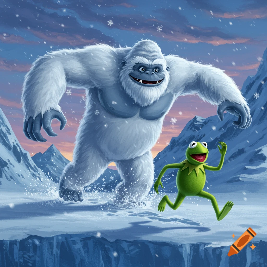 A large white yeti with a wide smile runs through a snowy mountain landscape, chasing a green Kermit the Frog.