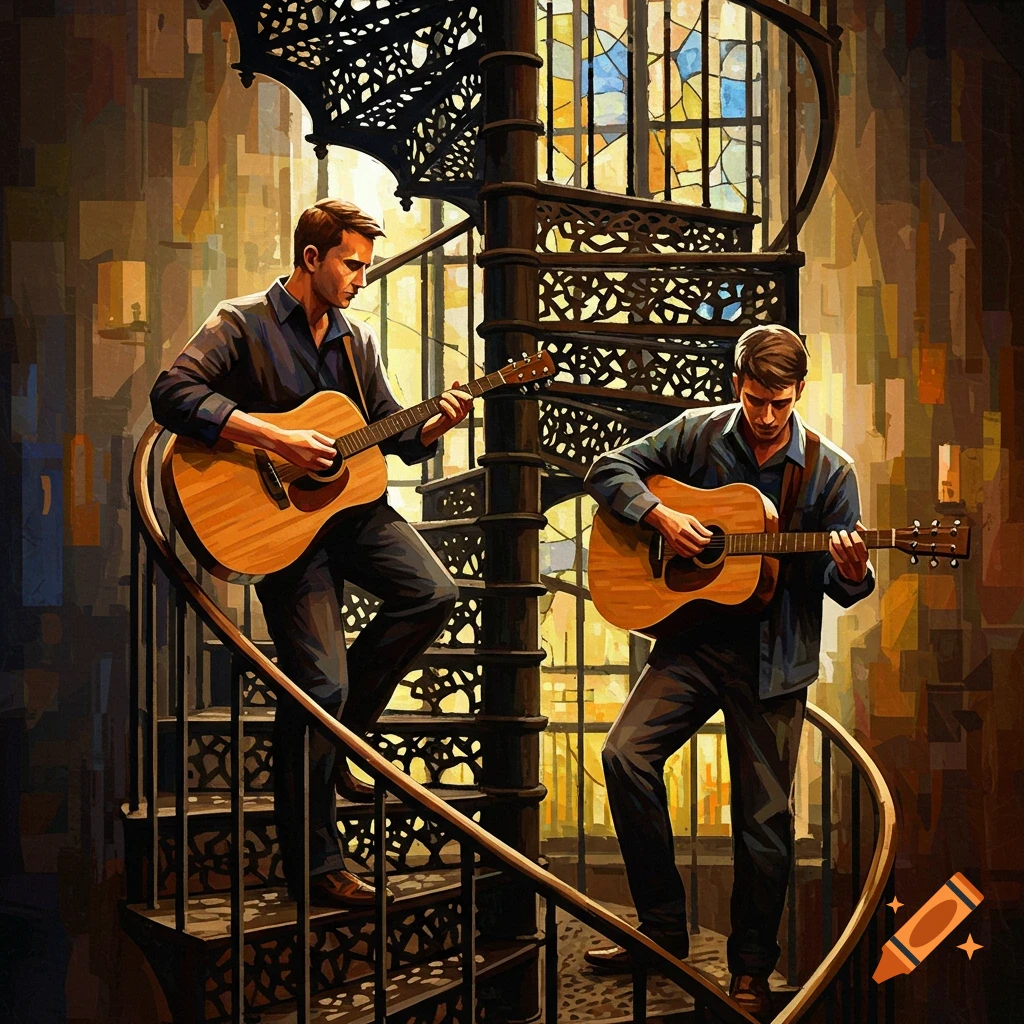 Two men play acoustic guitars while descending a wrought iron spiral staircase in a painterly, cubist style.