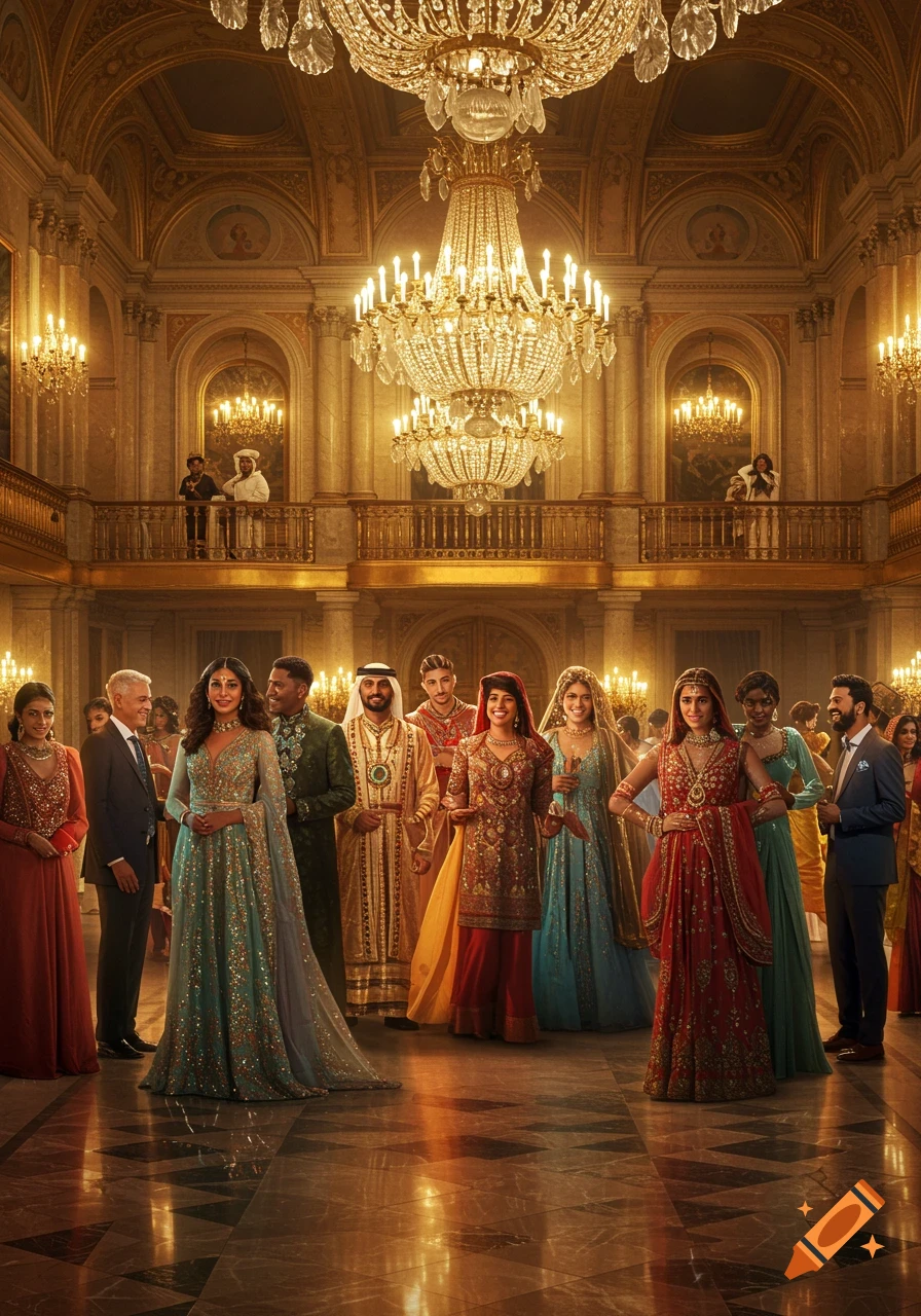 Diverse individuals in luxurious, ornate hall with chandeliers, dressed in elegant and traditional attire.