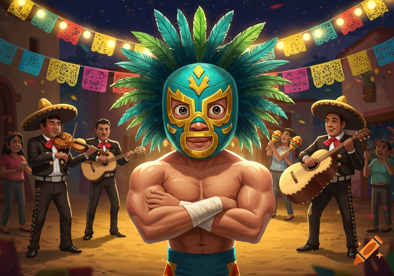 A muscular masked Mexican wrestler with feathered hair stands at a festive celebration with mariachi musicians and people in the background.