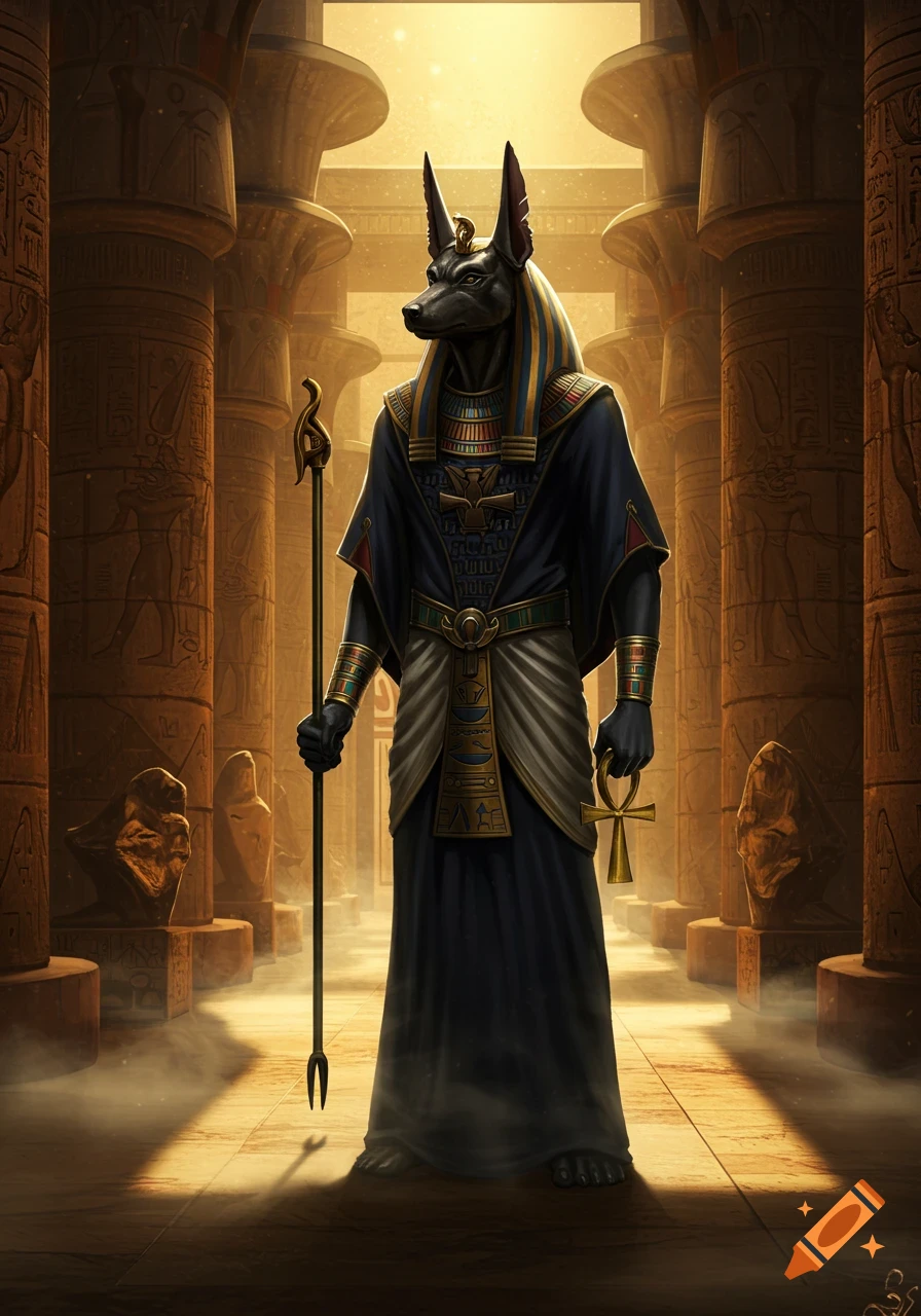 Anubis, the jackal-headed Egyptian god, stands in a golden-lit temple with hieroglyph-covered pillars, holding a staff and an ankh.