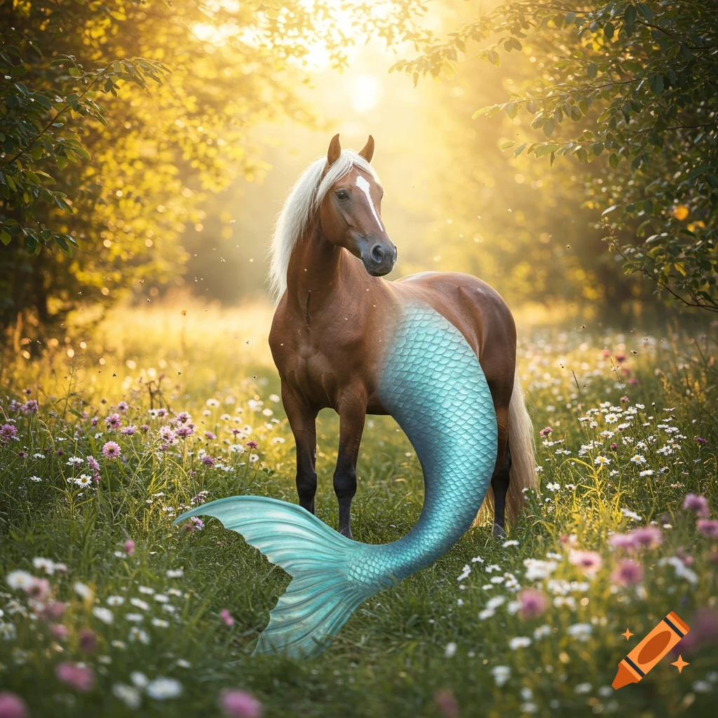 A magical brown horse with a white mane and a shimmering blue-green mermaid tail stands in a sunlit meadow of wildflowers.