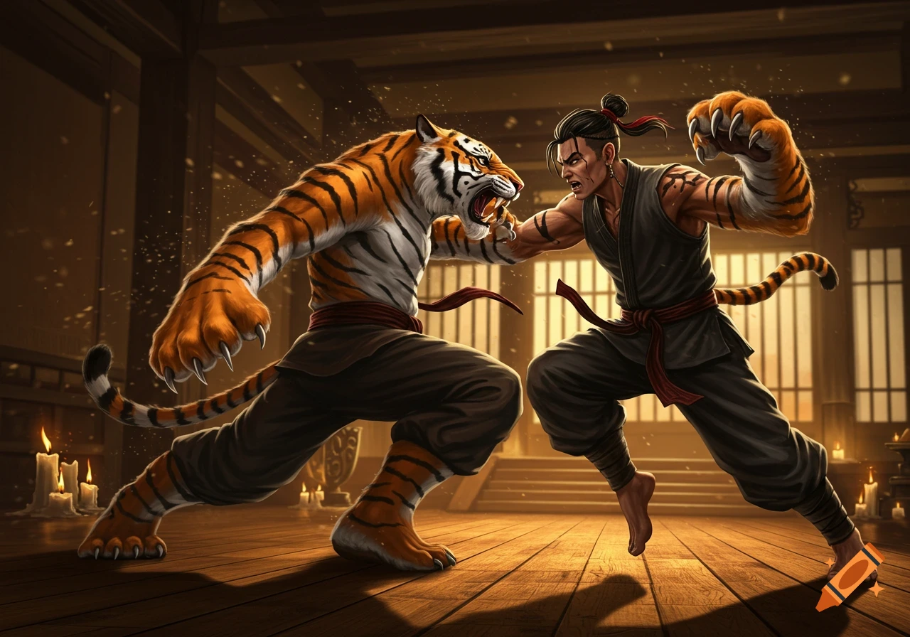 Two martial artists, one a human-tiger hybrid with a tiger paw arm and the other an anthropomorphic tiger, fight in a dimly lit dojo.