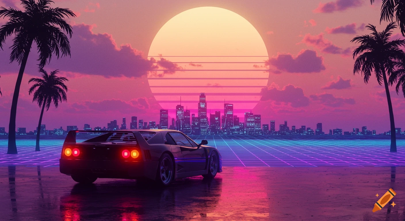 A retro-futuristic synthwave scene with a Ferrari F40-like car on a wet road, glowing taillights. A large pink sun sets over a neon city skyline and silhouetted palm trees.