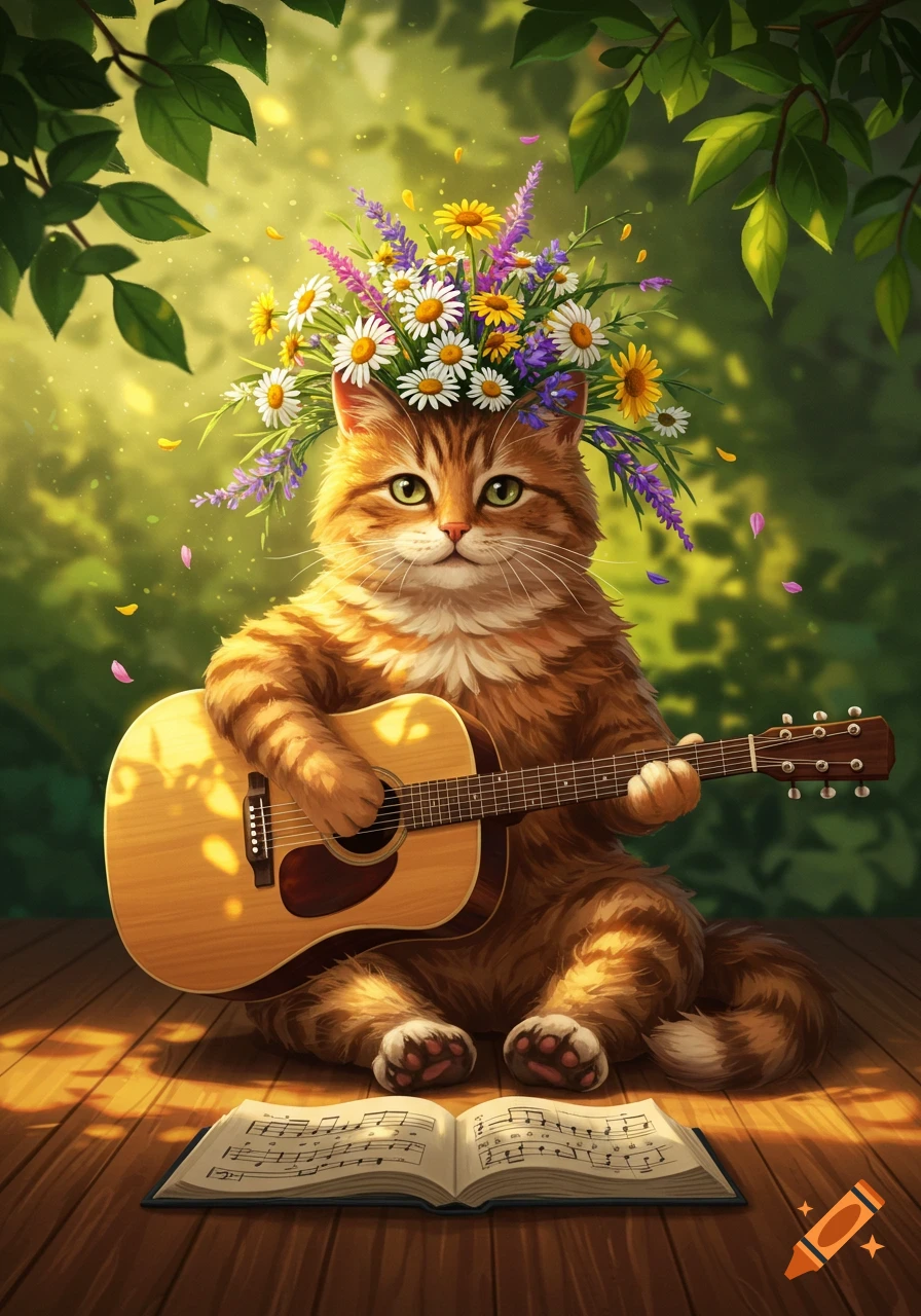 A fluffy orange tabby cat with a wildflower crown plays an acoustic guitar on a wooden floor, with sheet music, in a sunny outdoor setting.
