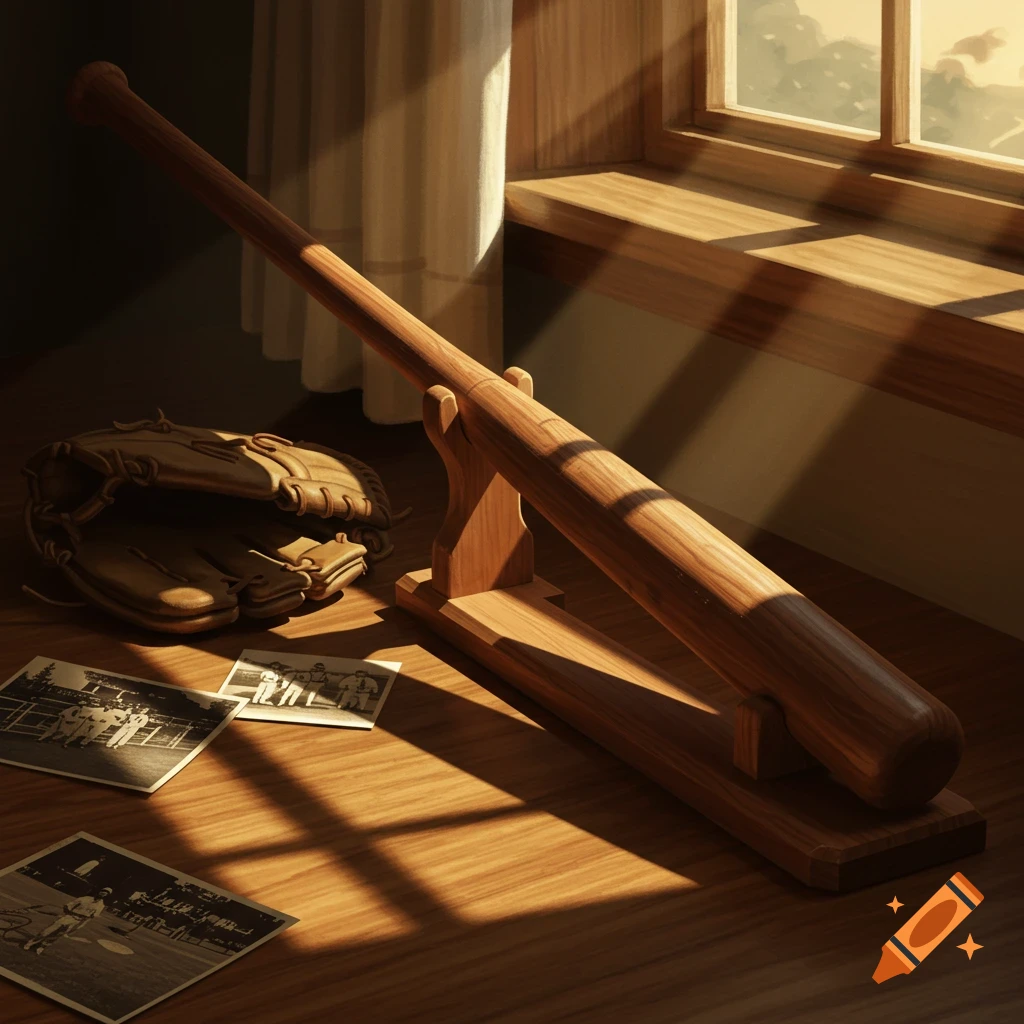 A wooden baseball bat in a display stand, a baseball glove, and old black and white photos on a sunlit wooden floor by a window.