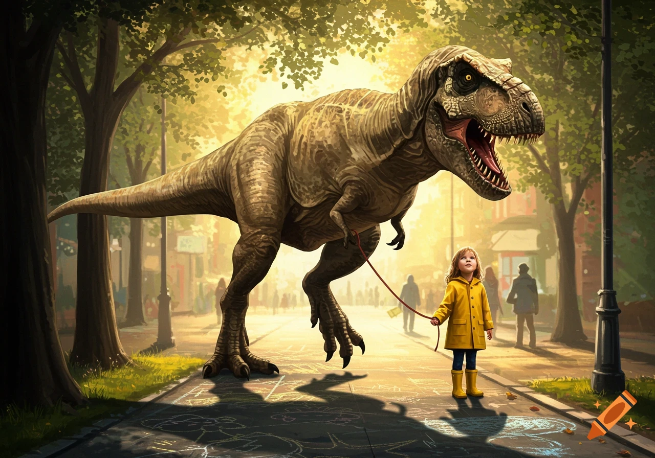 A giant T-Rex on a leash held by a little girl in a yellow raincoat walks on a sunlit city sidewalk with trees.