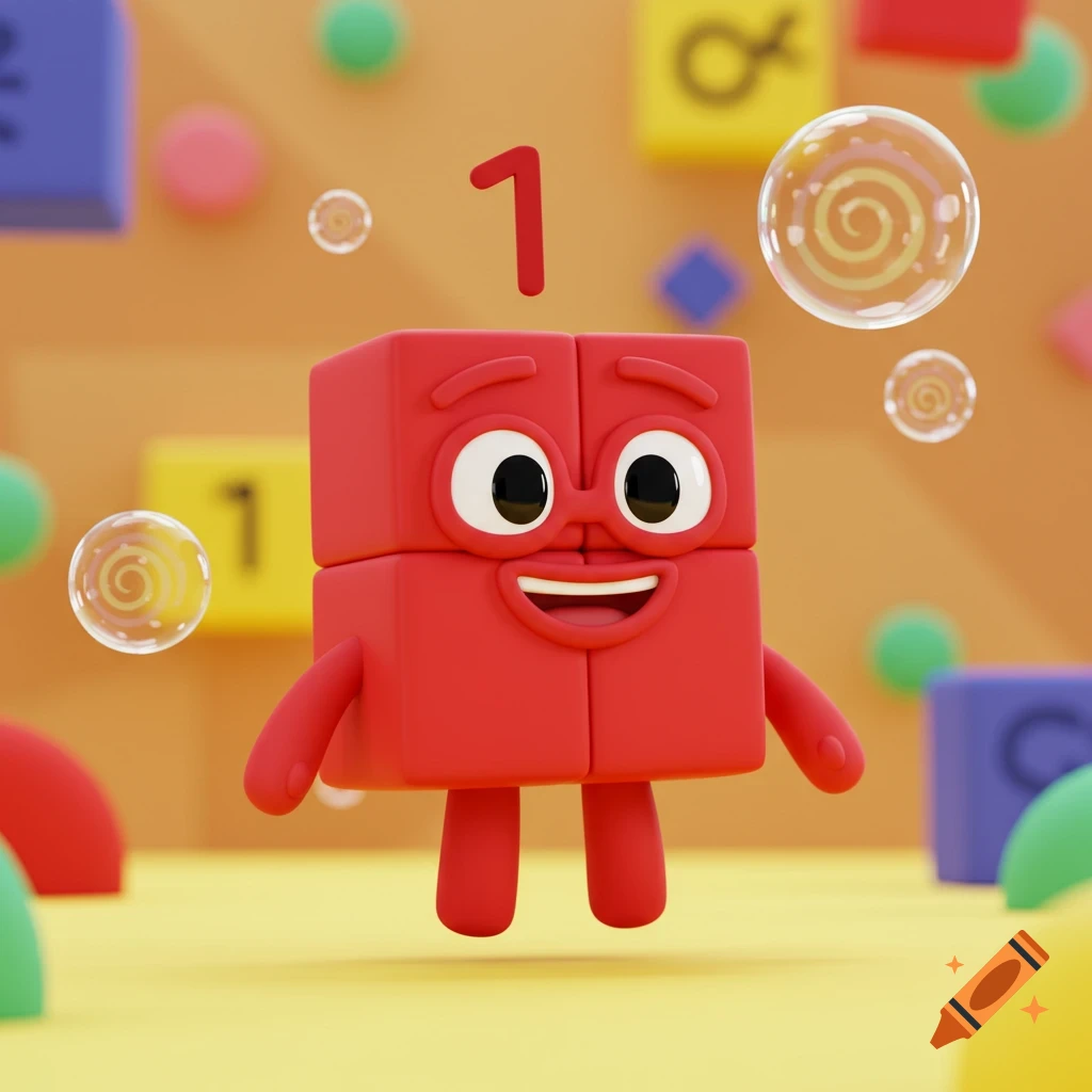A cute red 3D cartoon block character with a large '1' floating above its head, surrounded by colorful shapes.