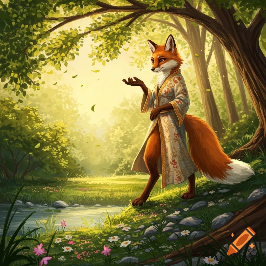 An anthropomorphic fox in an ornate robe stands in a lush, sun-dappled forest by a stream with wildflowers.