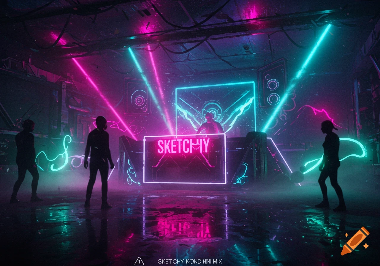 A neon-lit cyberpunk club scene with a DJ, people, and vibrant pink and cyan laser beams reflecting on a wet floor.