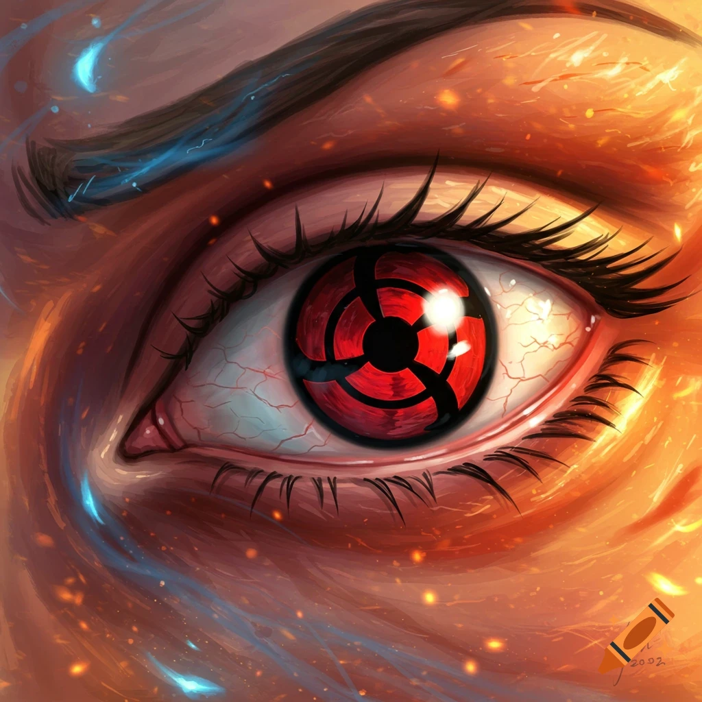 A close-up digital painting of a stylized red and black Sharingan eye, glowing with mystical energy against an orange background.