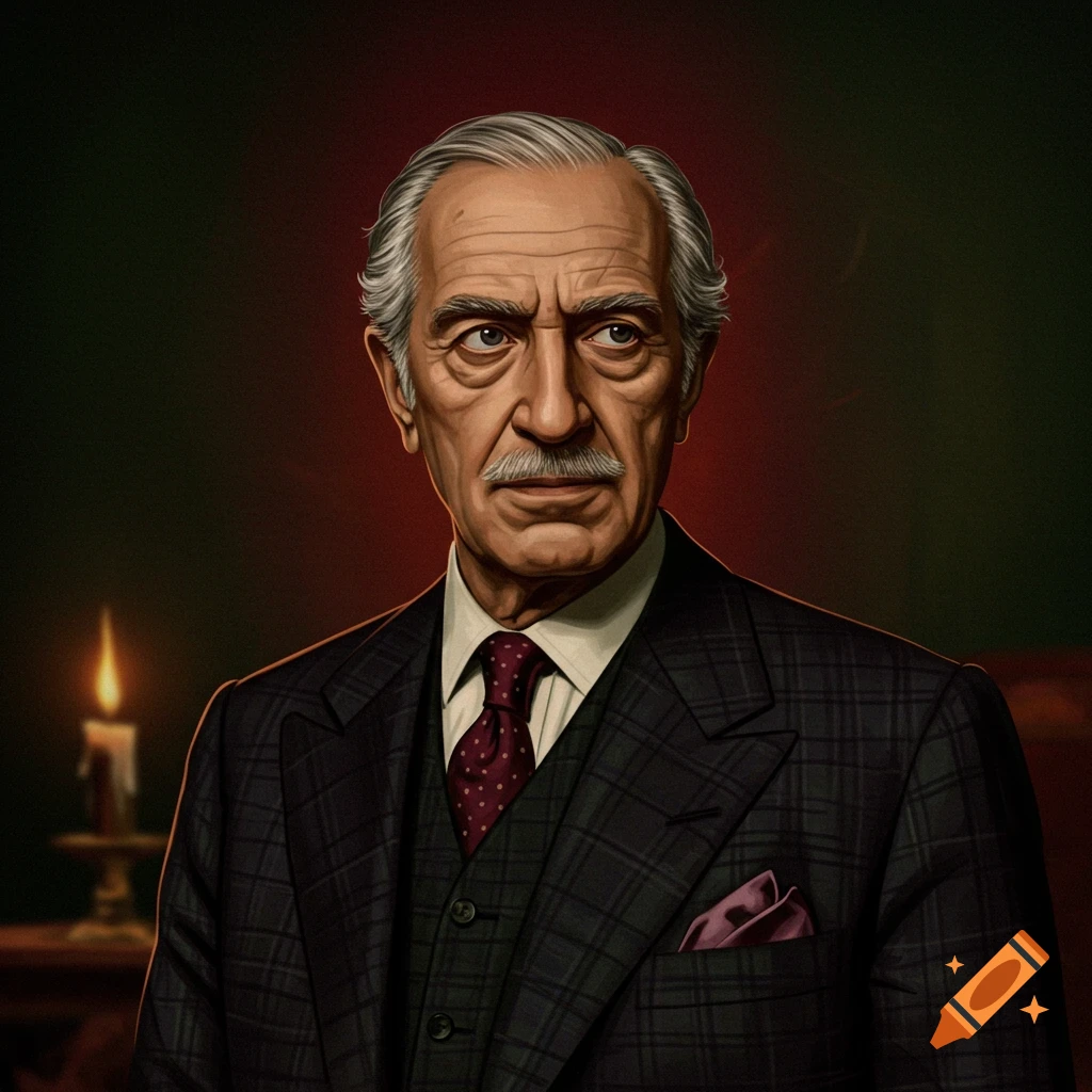 A stylized digital portrait of an older man with gray hair and a mustache, wearing a dark plaid suit, against a dark, warm-toned background with a glowing candle.