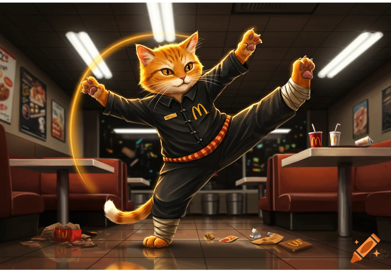 An orange cat in a black McDonald's uniform doing a kung fu pose in a restaurant.