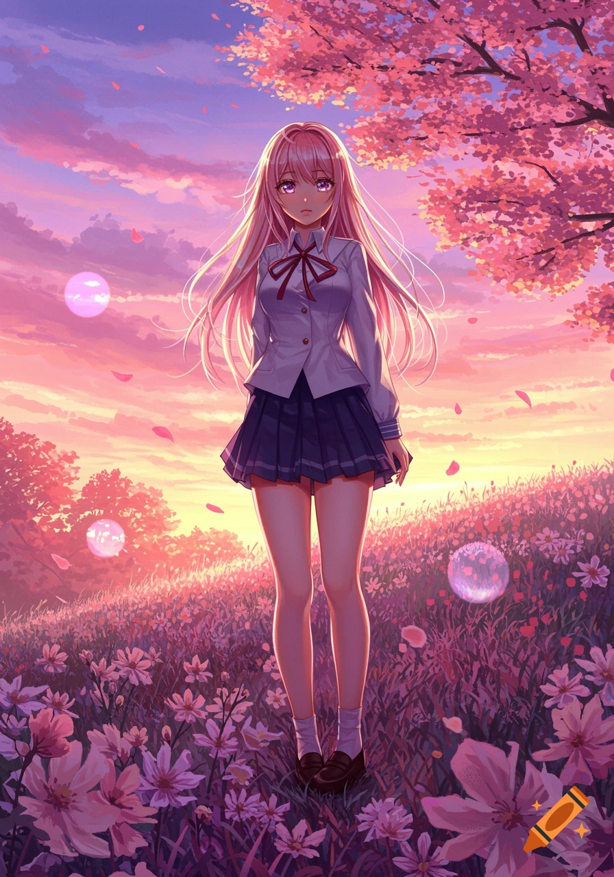 Anime girl with pink hair standing in a field of pink flowers under a cherry blossom tree at sunset.