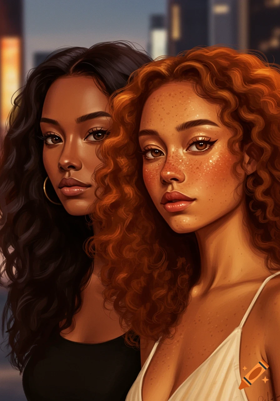 A digital illustration of two women. One has dark skin and black wavy hair, wearing a black top. The other has light skin, red wavy hair, and freckles, wearing a white top.